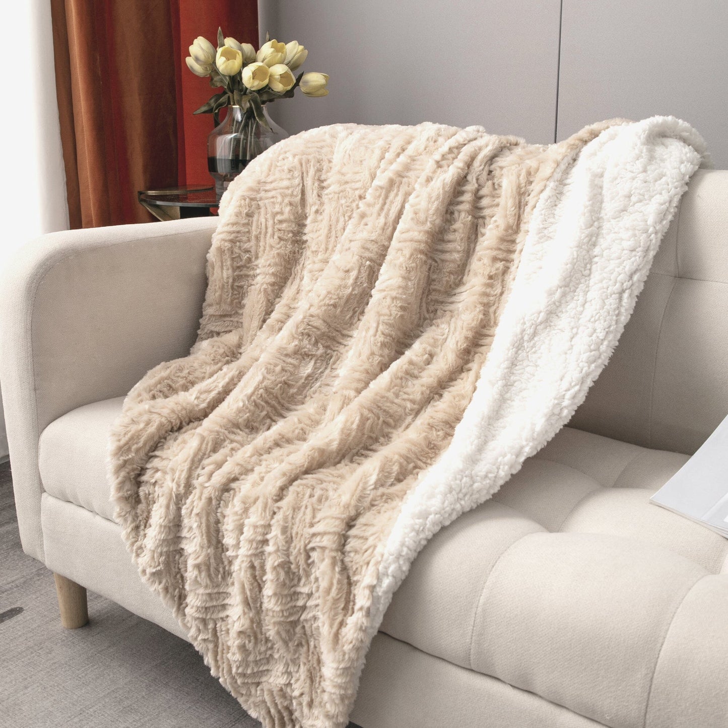 Champagne Ivory Faux Fur Throw Blanket - Dreamy Gold Geometric Embossed Sherpa Backside - Super Soft Warm Cozy Plush Fluffy