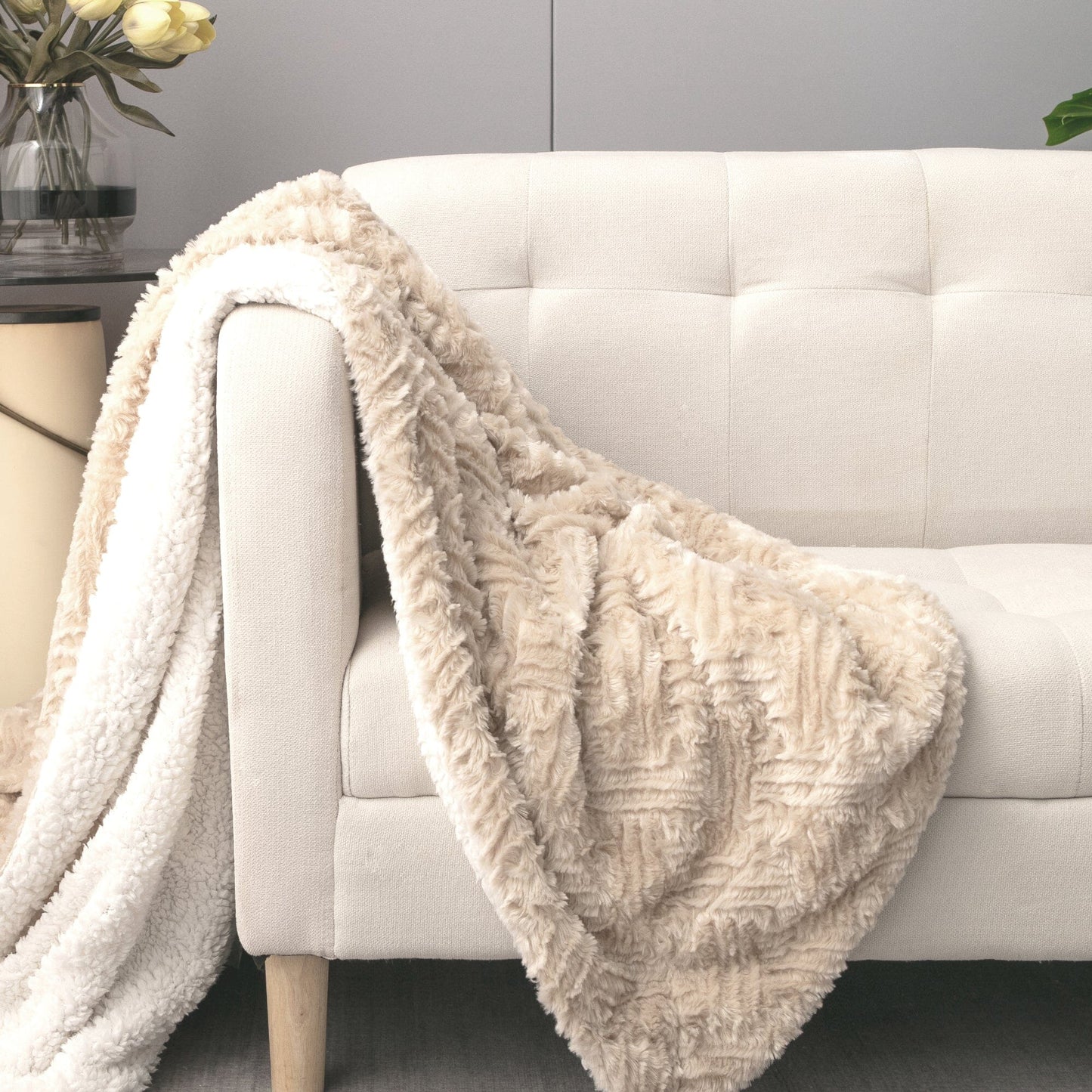 Champagne Ivory Faux Fur Throw Blanket - Dreamy Gold Geometric Embossed Sherpa Backside - Super Soft Warm Cozy Plush Fluffy