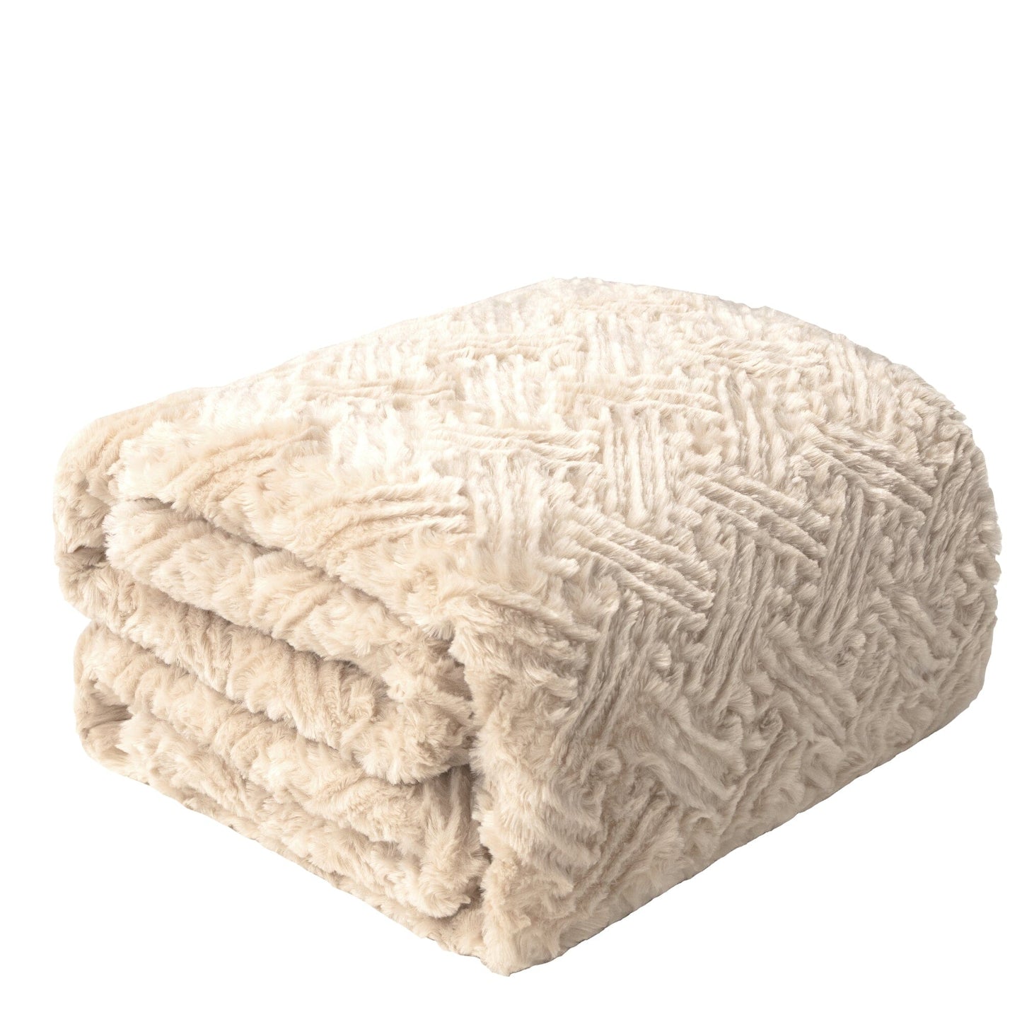 Champagne Ivory Faux Fur Throw Blanket - Dreamy Gold Geometric Embossed Sherpa Backside - Super Soft Warm Cozy Plush Fluffy