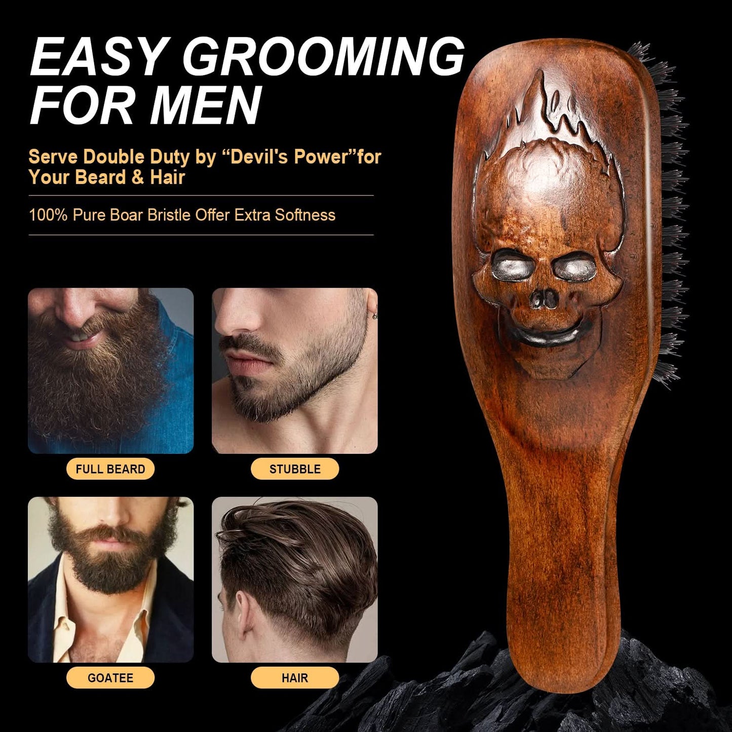 Wooden hairbrush with skull design on a black background, featuring text about grooming for men.
