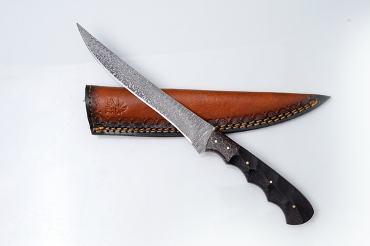 Damascus Steel Fillet Knife — Blade with Honeycomb & Dark Wood Hybrid Handle — Fishing & Boning Tool TK-446