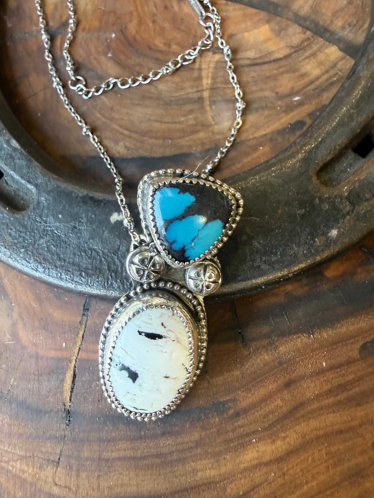 White Buffalo & American Turquoise Pendant by Bootleg Silver Co, handmade in Arizona