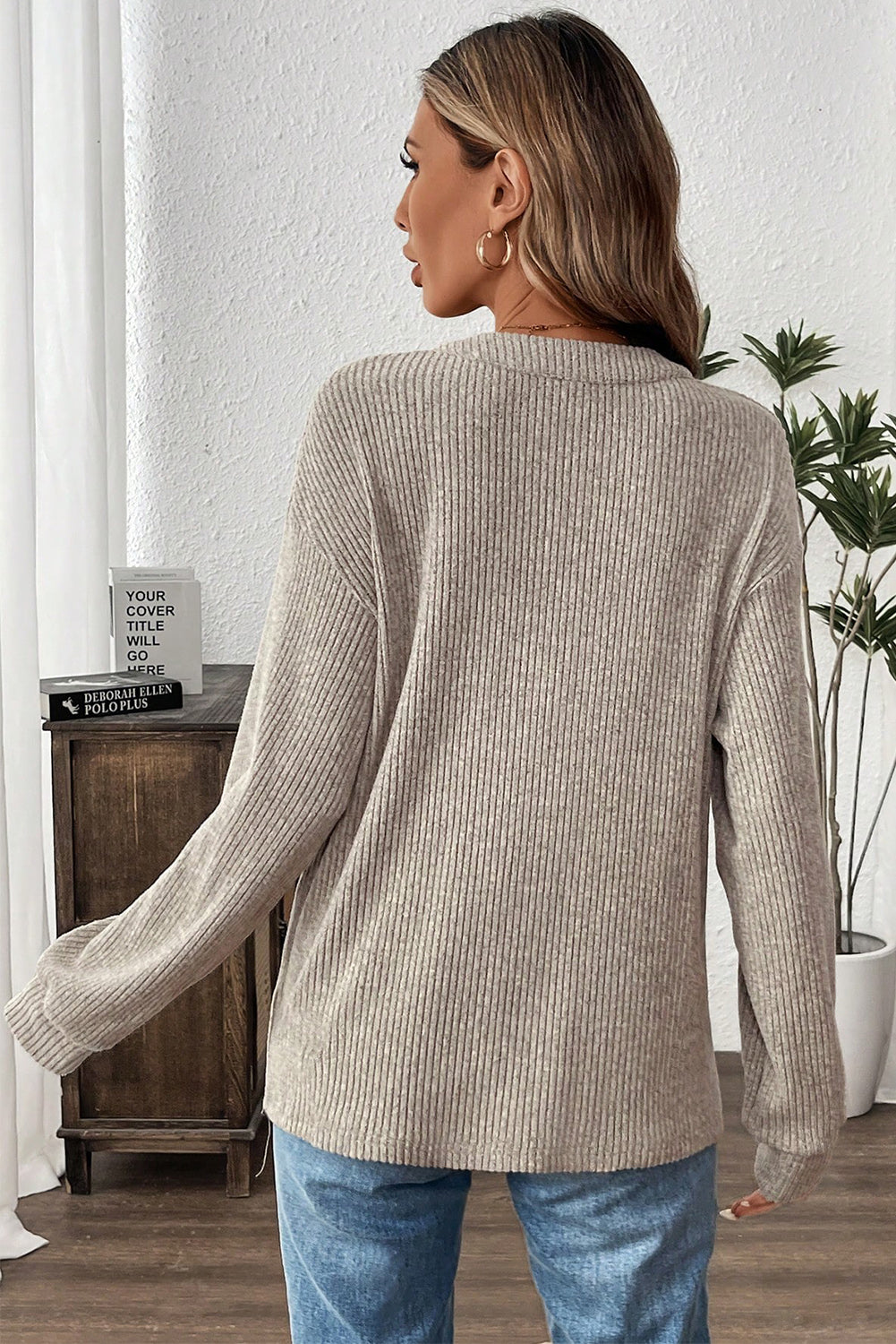 Taupe Ribbed Drop Shoulder Henley Knit Top