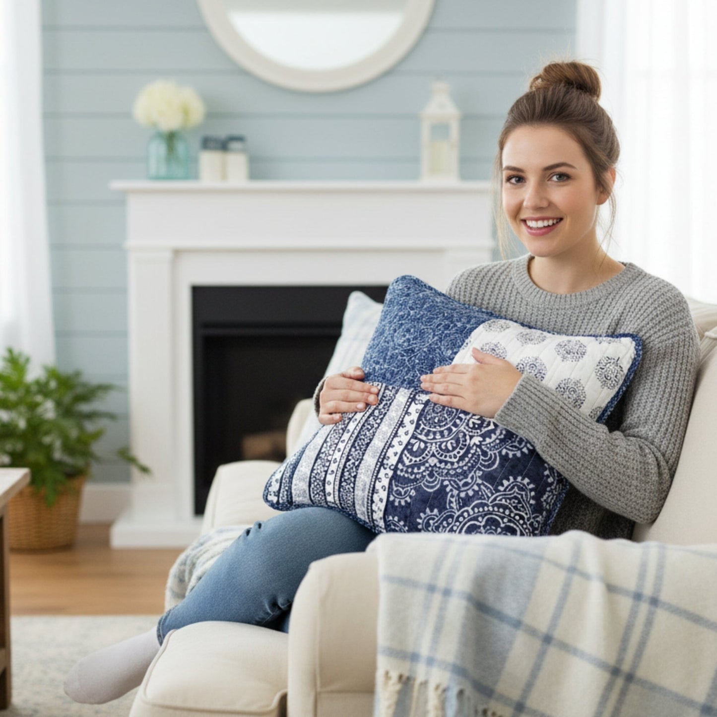 Farm House Patchwork Blue Pillow Sham 18" x 18"
