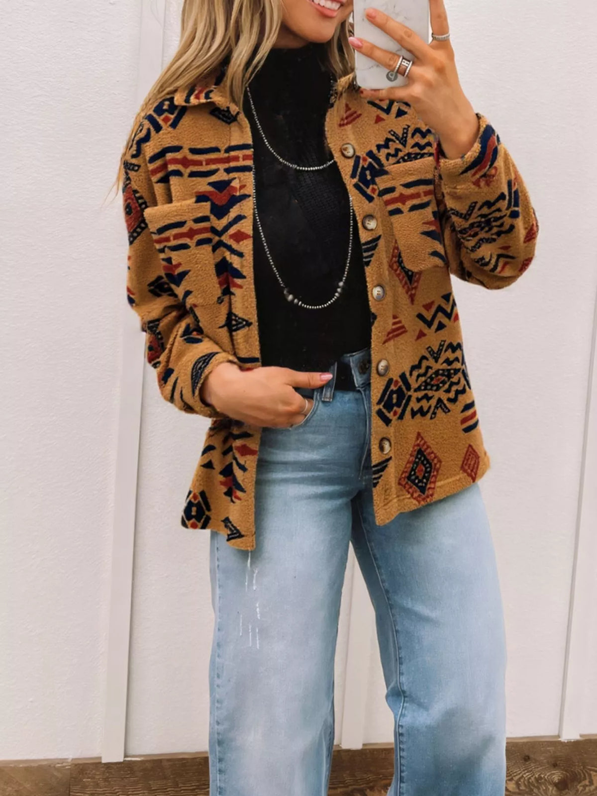 Aztec Pattern Fleece Jacket Western Aztec Pattern Fleece Button-Up Shacket – Bumpkin Ranchwear