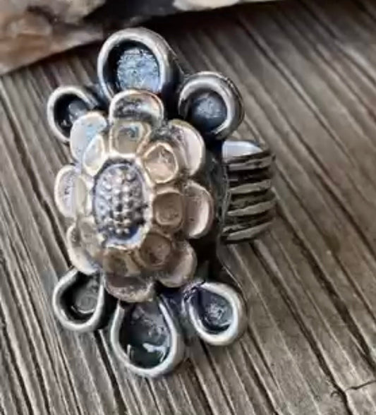 Vintage Zuni Floral Button Ring by Bootleg Silver Co – view 2