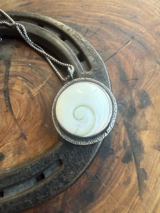 Shiva Shell Shadowbox Pendant by Bootleg Silver Co, handmade in Arizona