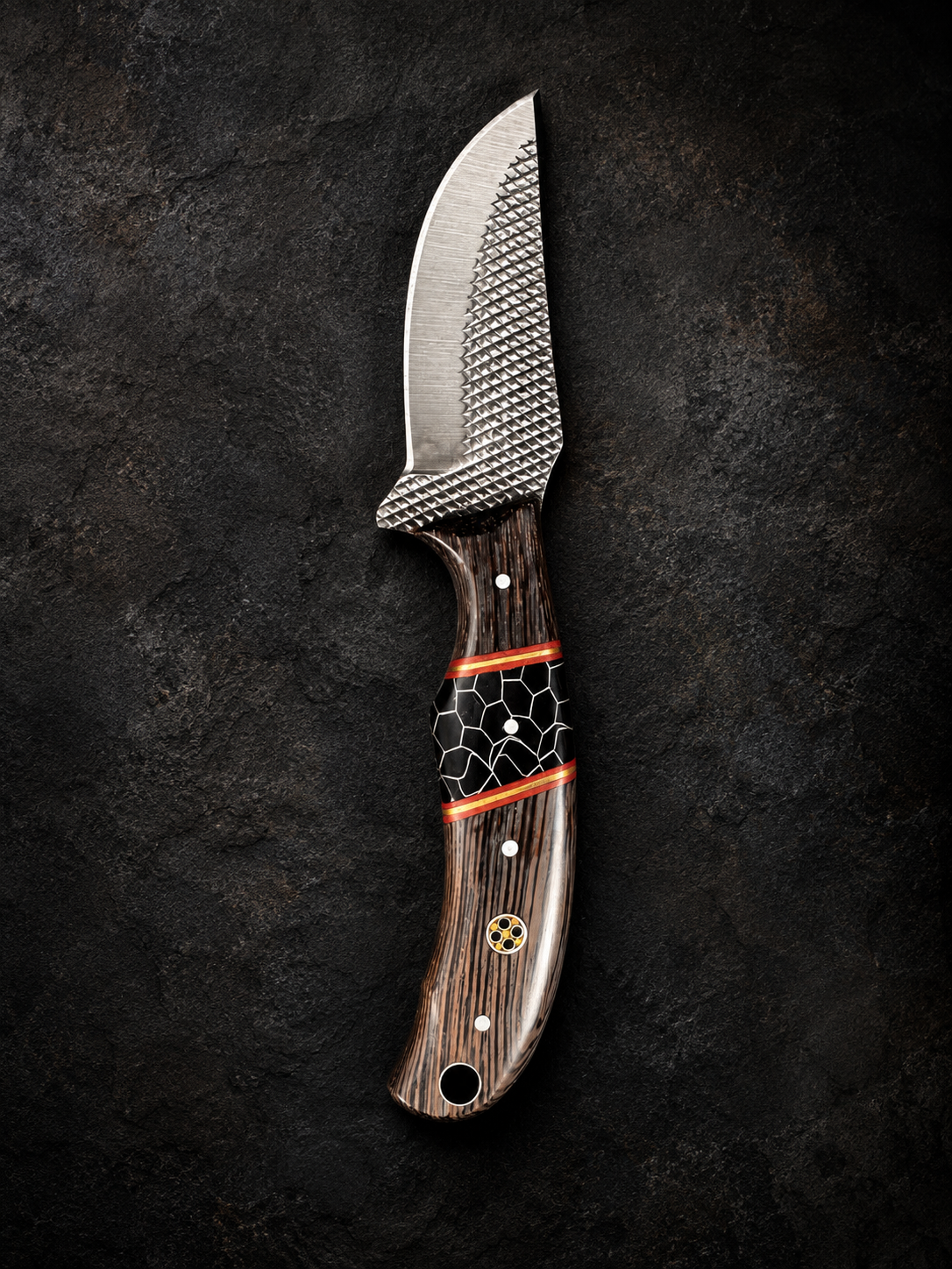 Titan "Honeycomb Timber" Skinner Knife – High Carbon RASP Steel, Wood & Honeycomb Inlay Handle, Leather Sheath