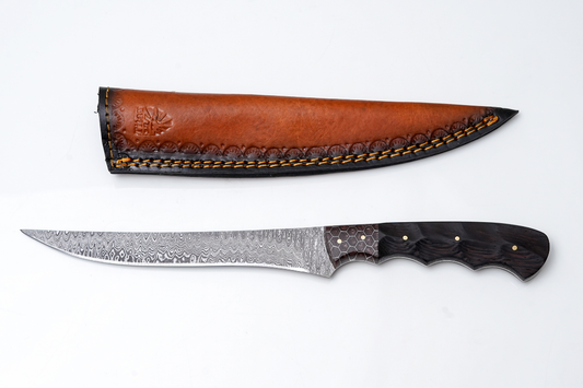 Damascus Steel Fillet Knife — Blade with Honeycomb & Dark Wood Hybrid Handle — Fishing & Boning Tool TK-446