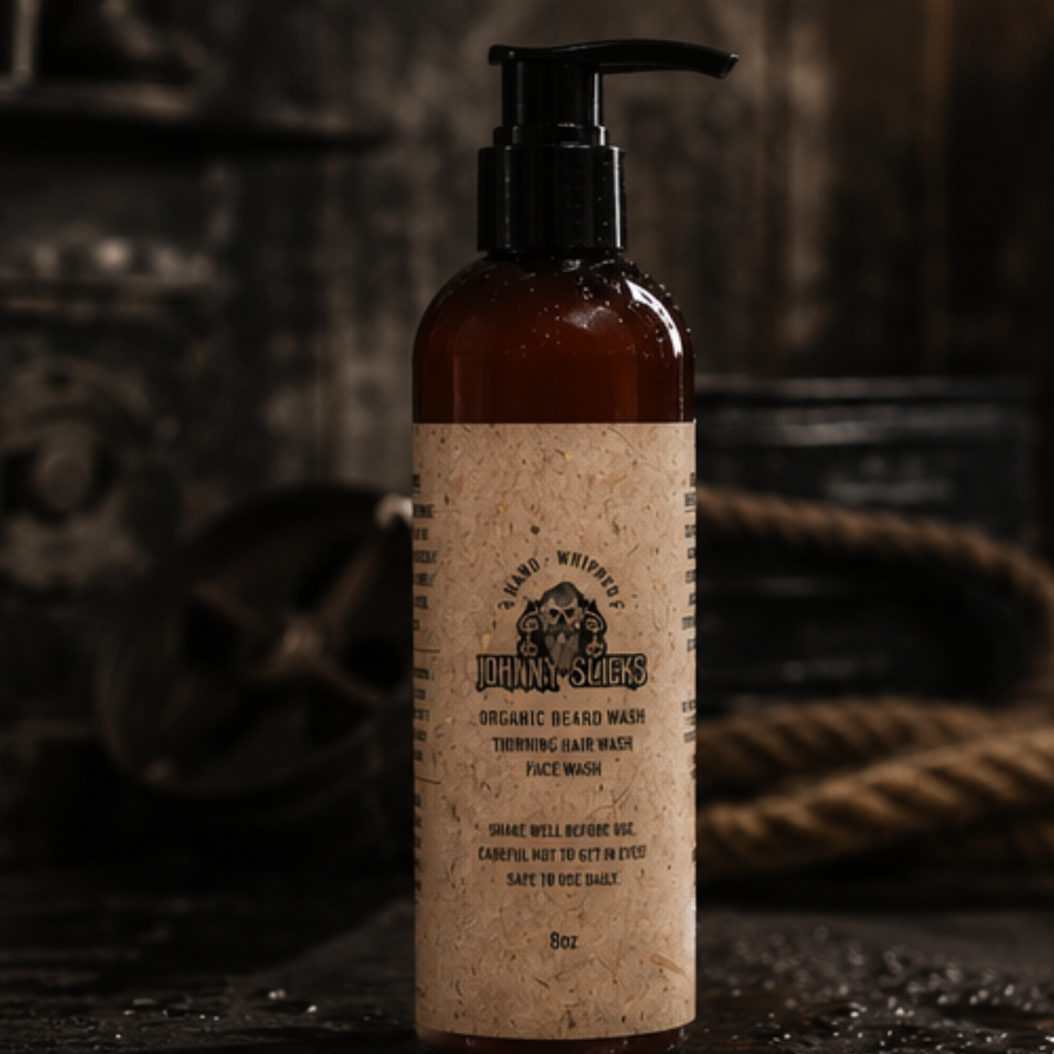Brown bottle of Johnny Slick's Organic Beard Wash with a label on a dark background