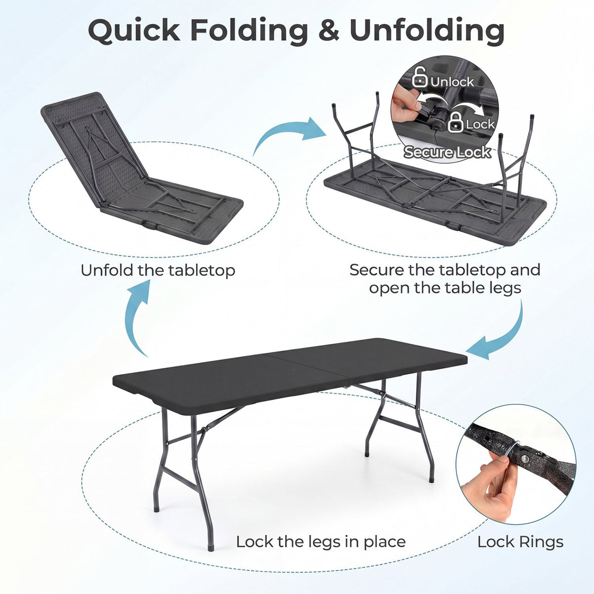 6 FT Folding Camping Table – Fold-in-Half Portable Table