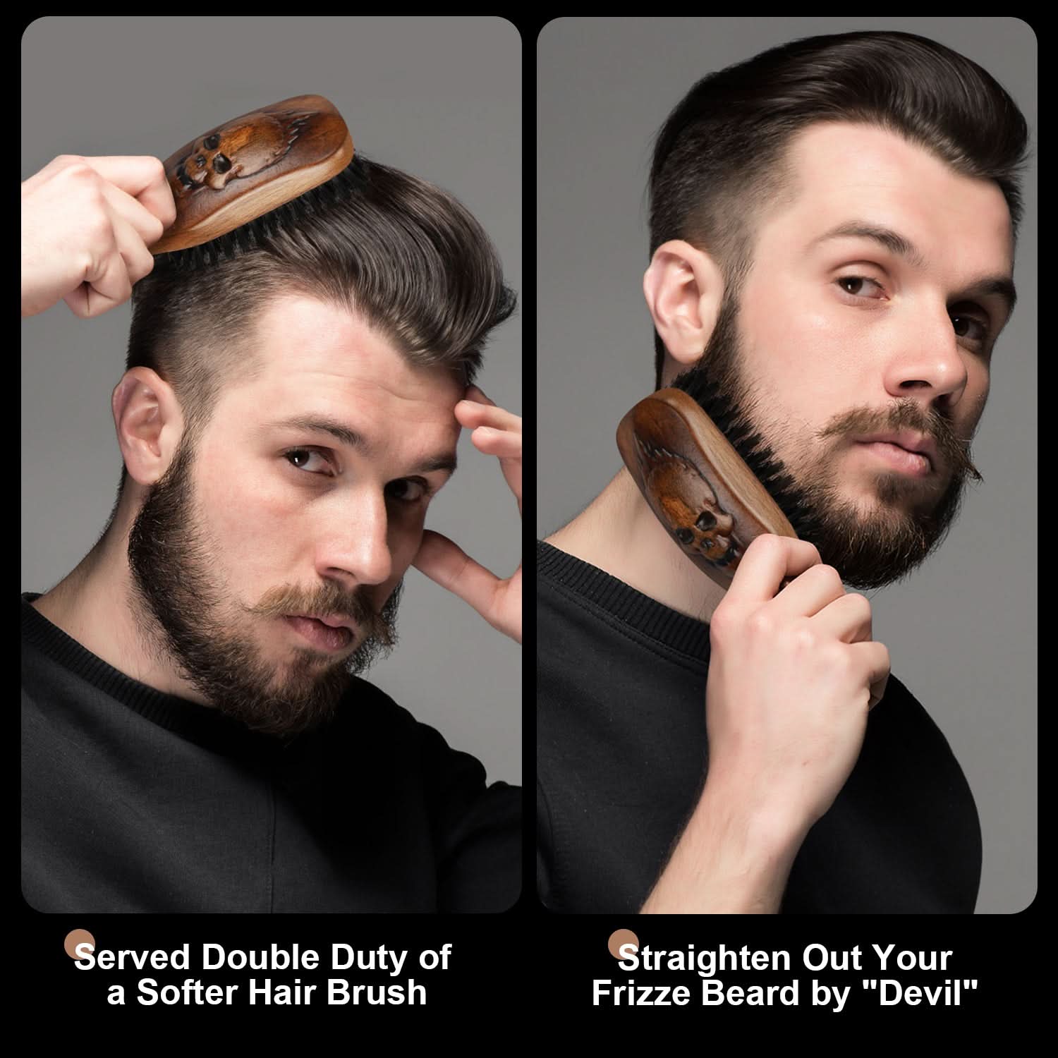 Man using a hairbrush on his hair and beard with text describing its dual purpose.