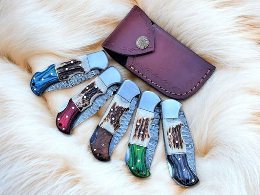 Handmade Damascus Folding Knife | Stag & Exotic Wood