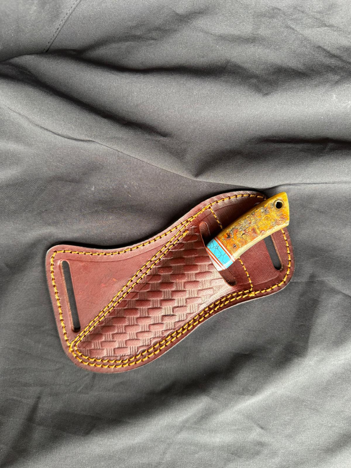 Titan "Amber Mesa" Damascus Skinner Knife – Amber Bone & Turquoise Inlay Handle, Leather Sheath
