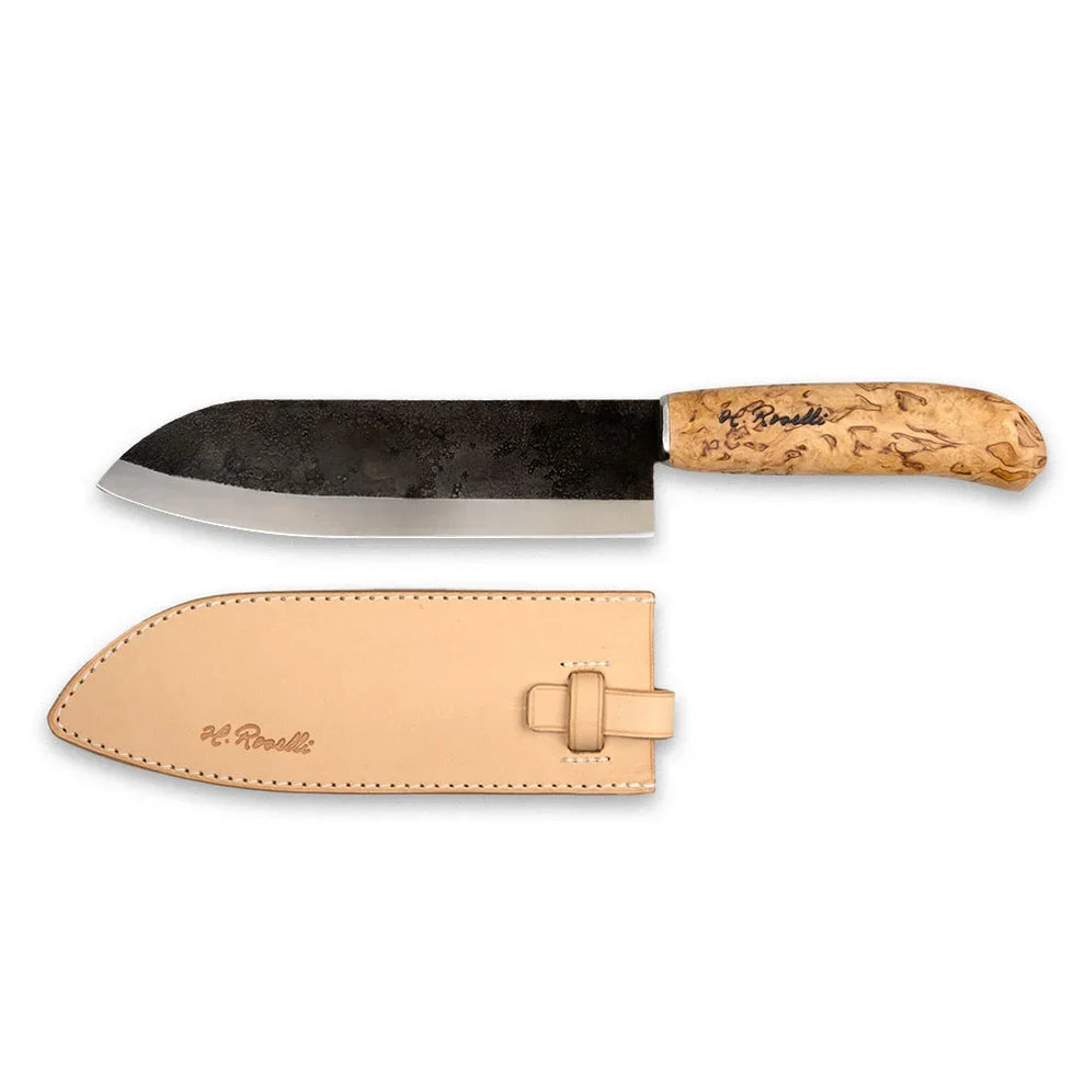 Roselli R710 Japanese Chef Knife – Carbon Steel, Curly Birch, Leather Sheath