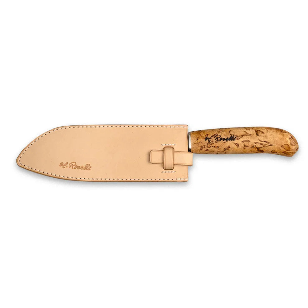 Roselli R710 Japanese Chef Knife – Carbon Steel, Curly Birch, Leather Sheath