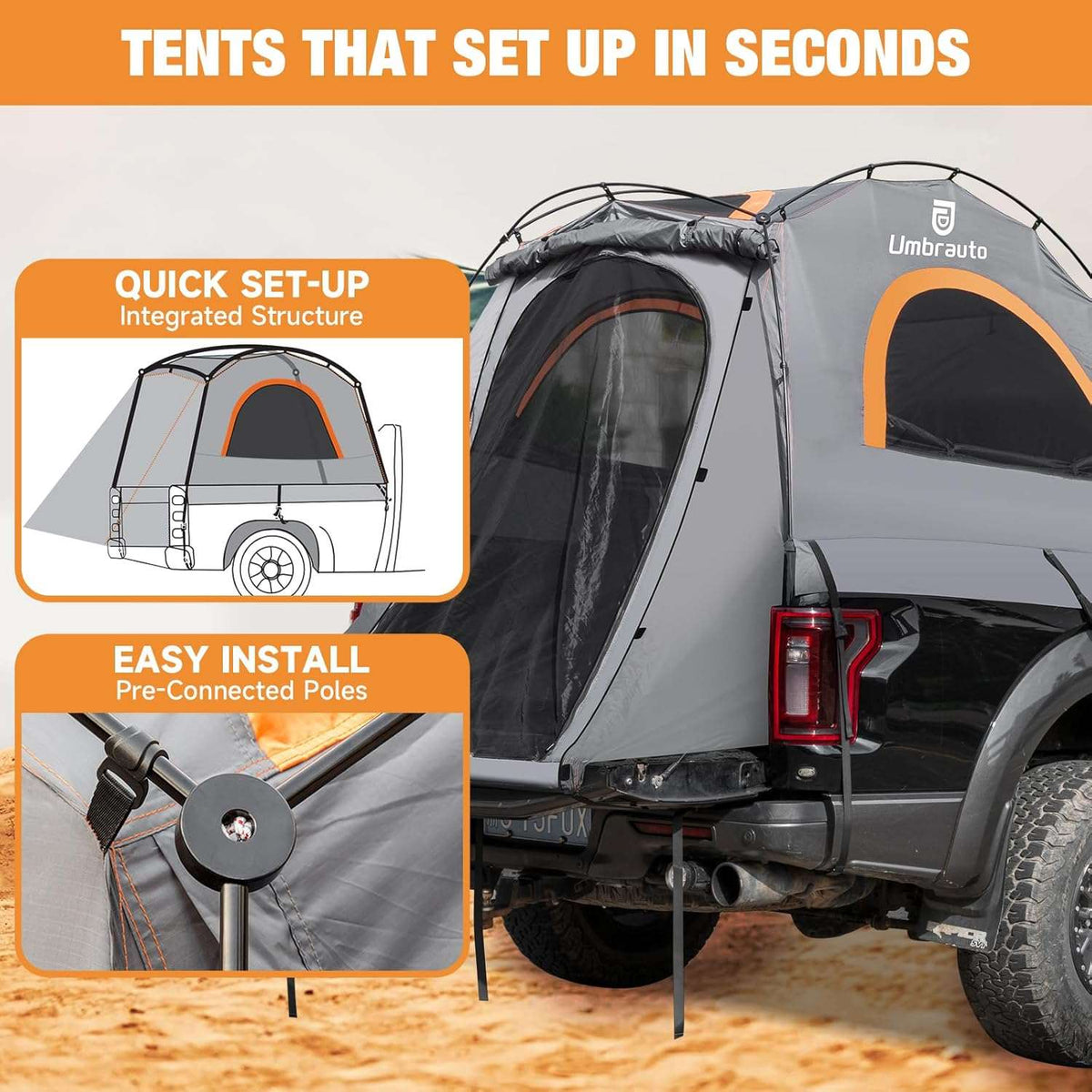Umbrauto Truck Bed Tent for 6.4-6.7 FT Pickup Beds – 2 Person