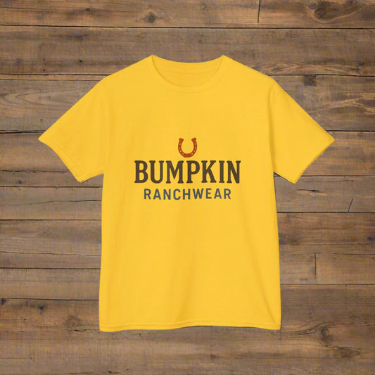 Yellow t-shirt with 'Bumpkin Ranchwear' text and horseshoe graphic on a white background