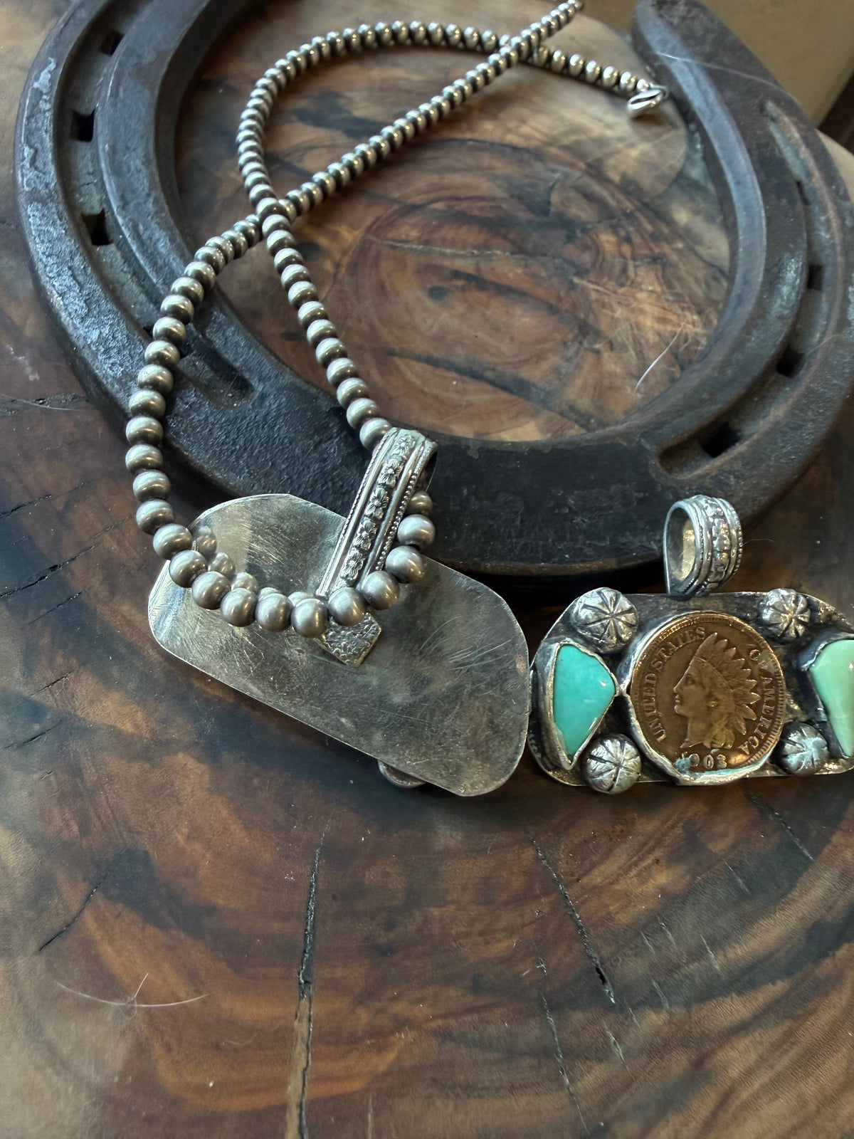 1903 & 1907 Wheat Penny Turquoise Pendant by Bootleg Silver Co – view 3