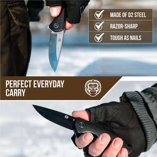 Knife held in a gloved hand with product features listed and 'Perfect Everyday Carry' text.