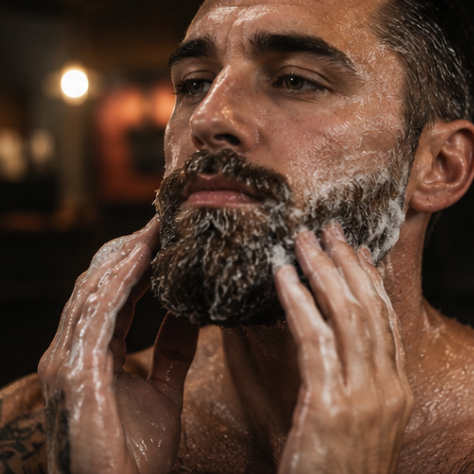 Man applying soap to his beard with a blurred background
