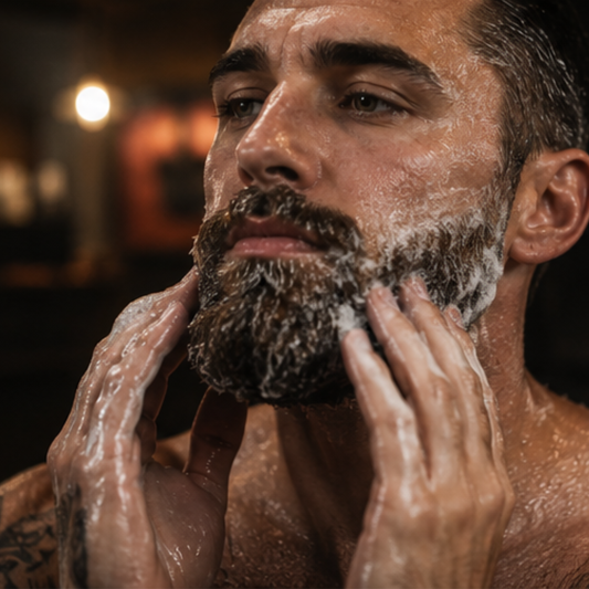 Man applying soap to his beard with a blurred background