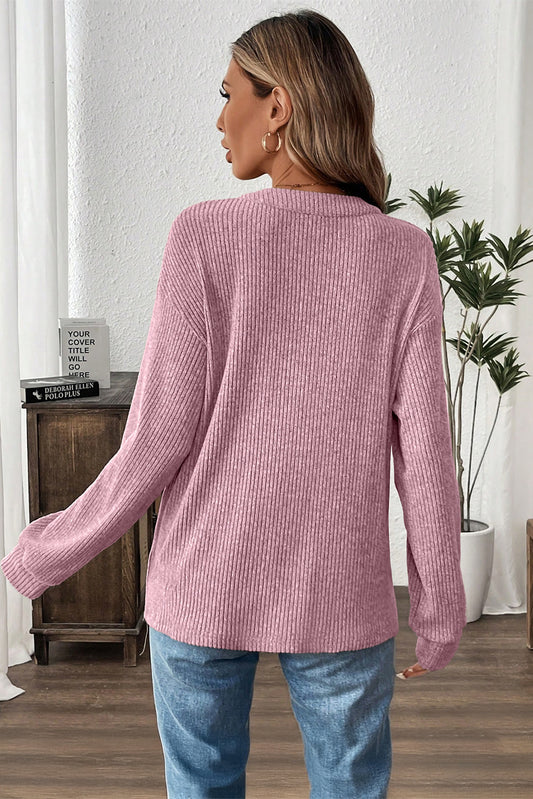 Pink Ribbed Drop Shoulder Henley Knit Top
