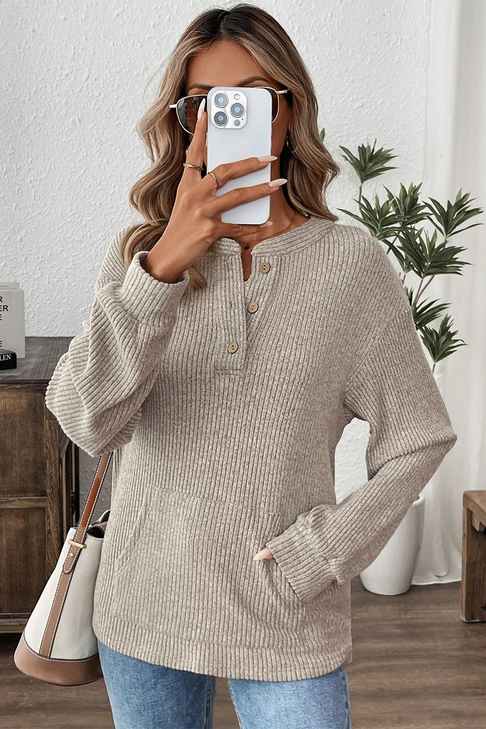 Taupe Ribbed Drop Shoulder Henley Knit Top