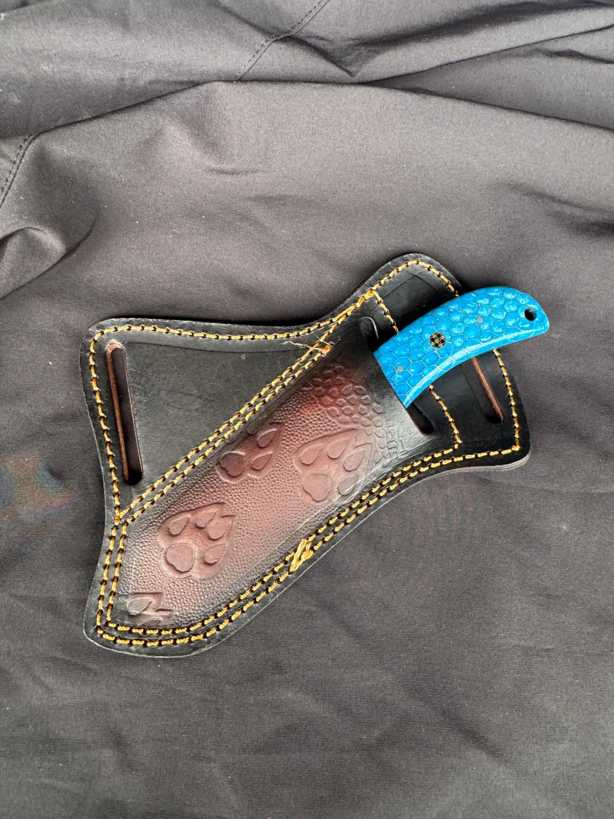 Titan "Blue Trail" Skinner Knife – High Carbon RASP Steel, Blue Honeycomb Resin Handle, Leather Sheath