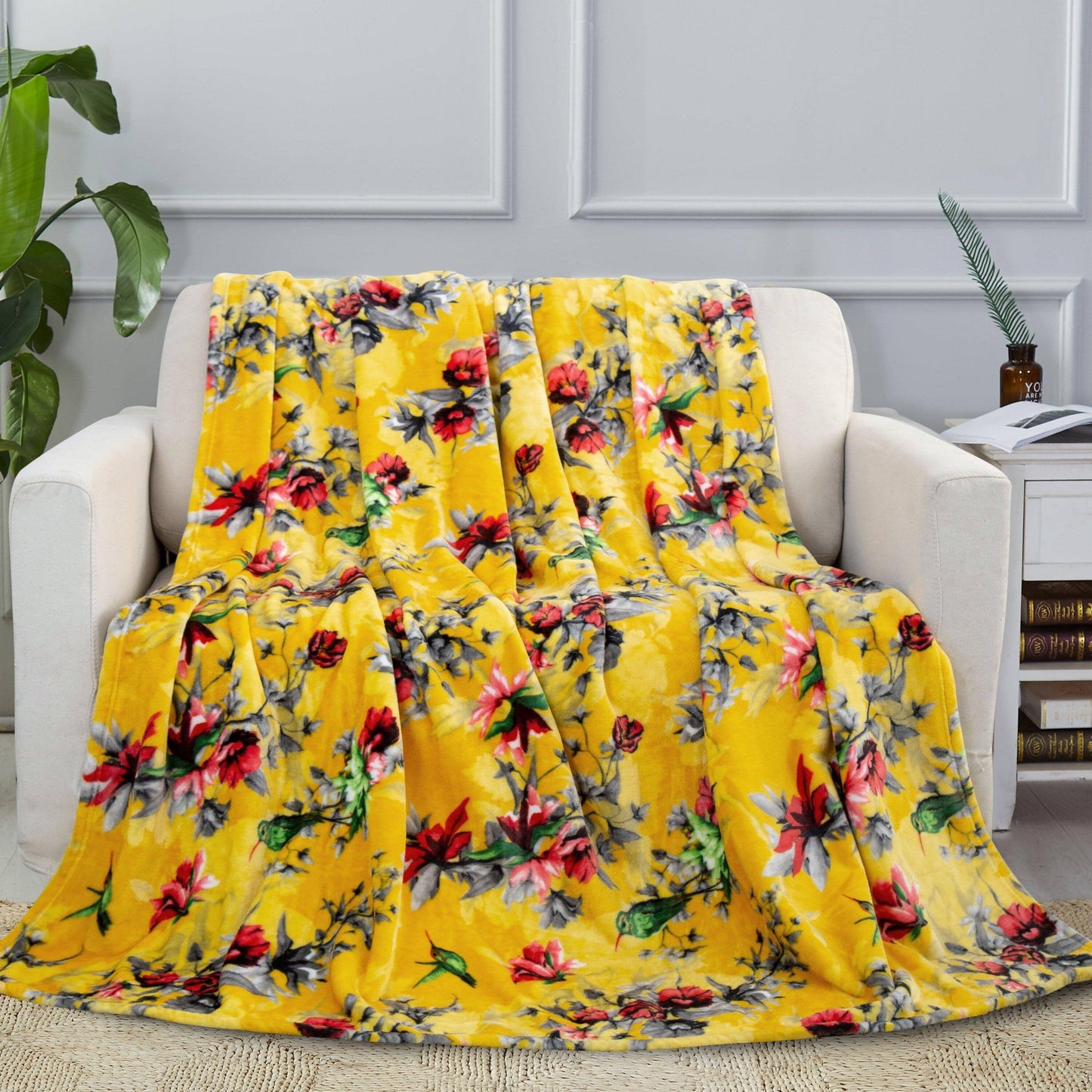 Yellow Farmhouse Rustic Spring Floral Hummingbirds Soft Fleece Throw Blanket