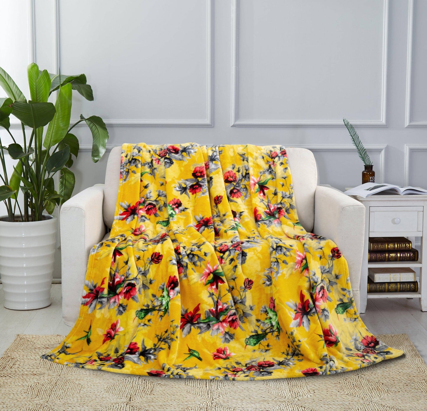 Yellow Farmhouse Rustic Spring Floral Hummingbirds Soft Fleece Throw Blanket