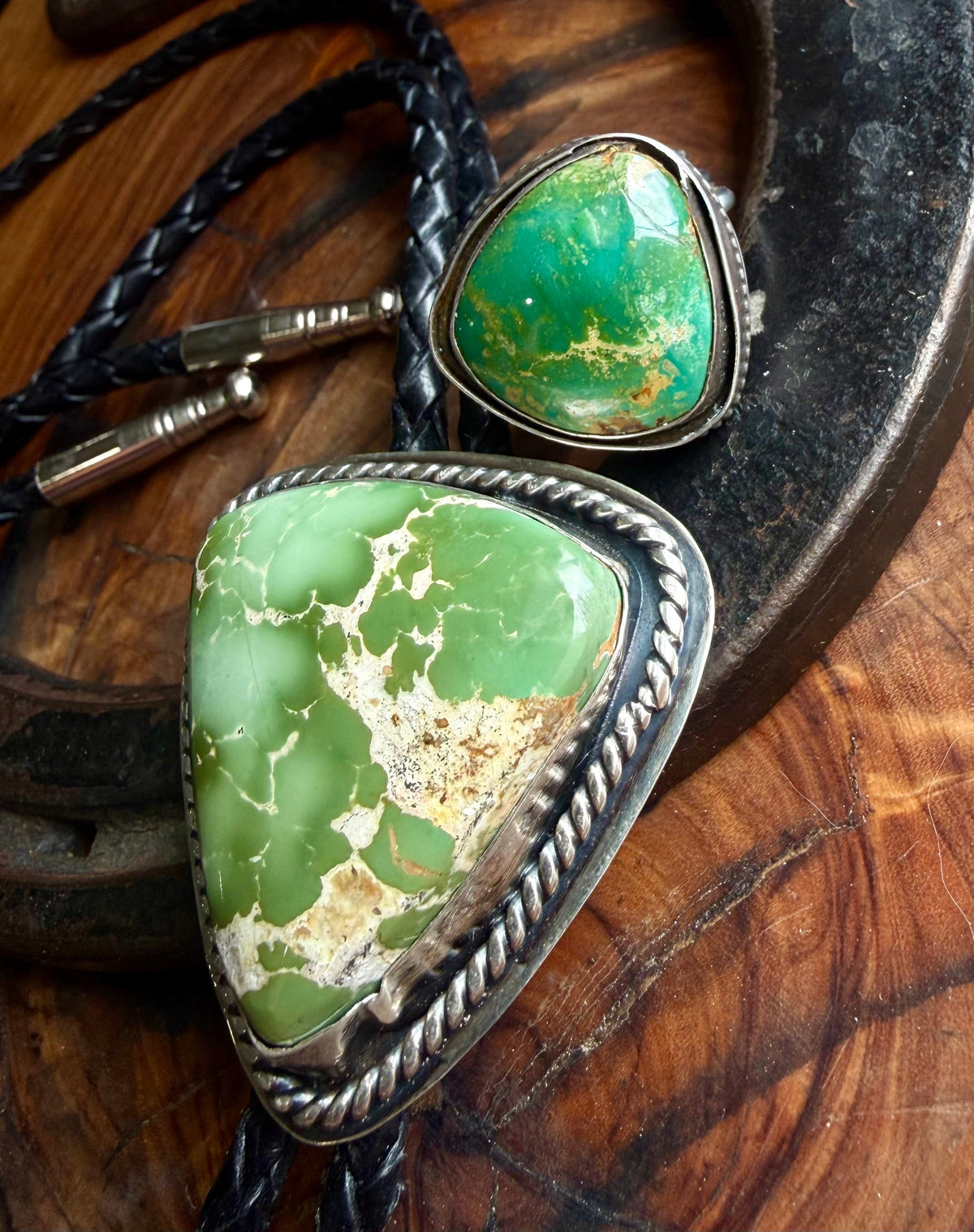 Royston Turquoise Bolo Tie & Shadowbox Ring by Bootleg Silver Co, handmade in Arizona