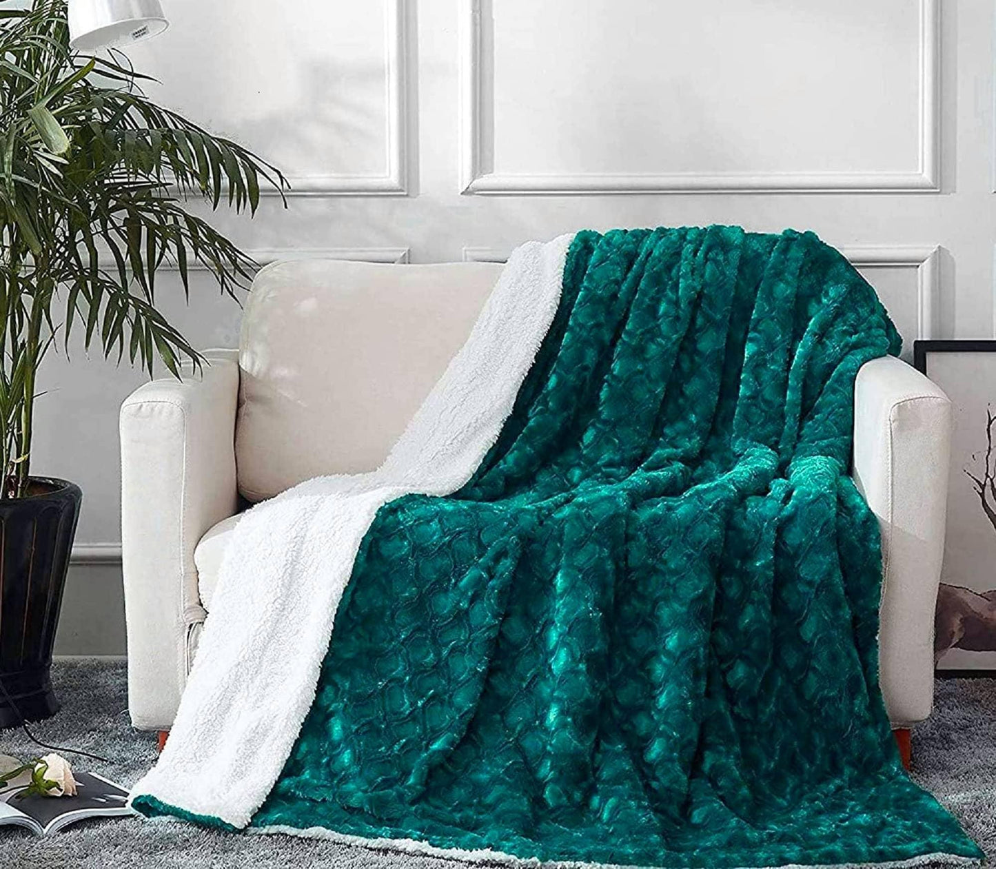 Mermaid Scales Emerald Green Blue w/ Sherpa Backside Faux Fur Throw Blanket