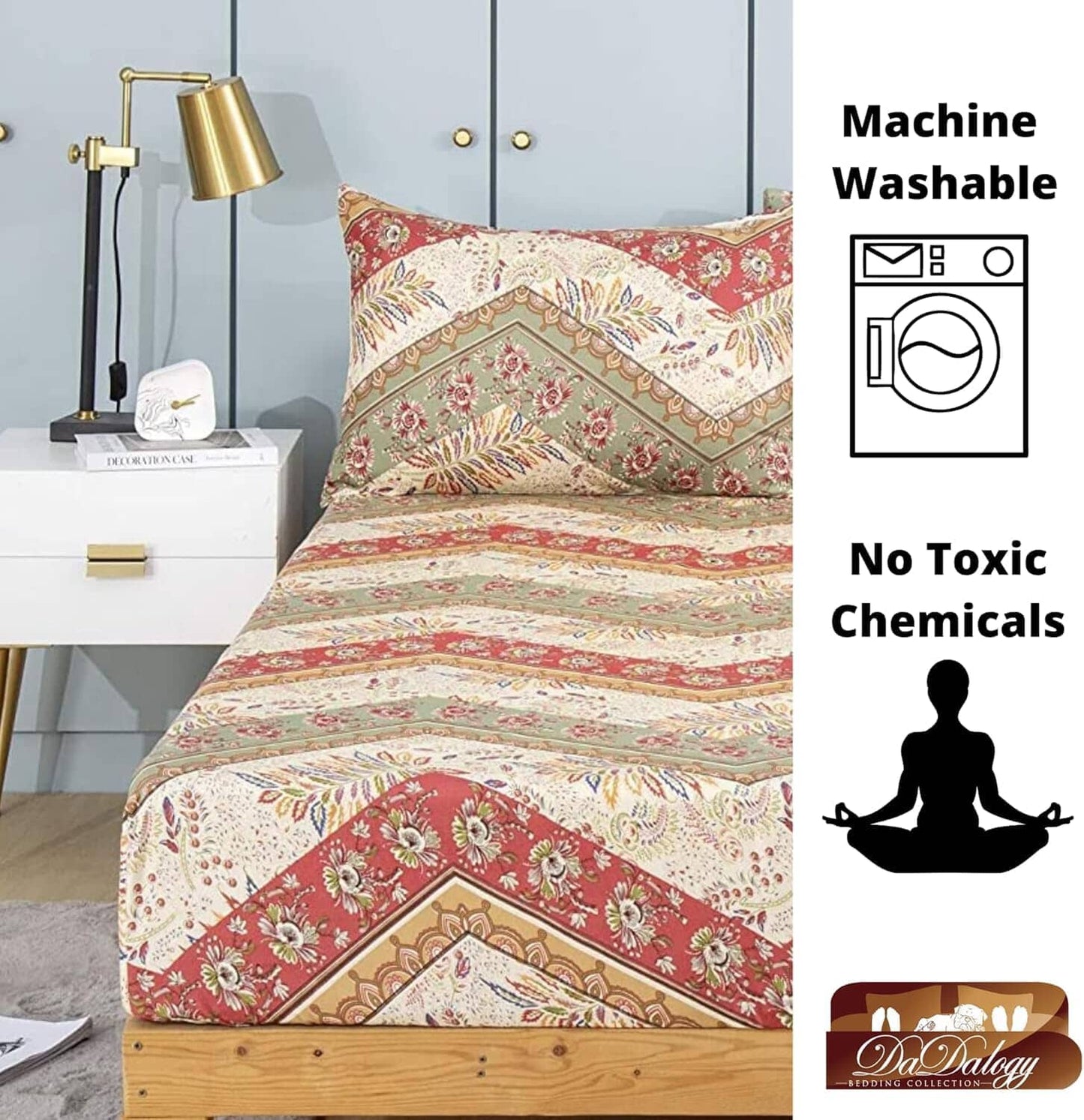 Botanical Cranberry Sage Chevron Floral Fitted Bed Sheet w/ Pillow Cases