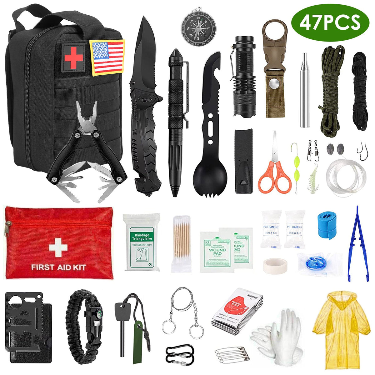 47-Piece Emergency Survival Kit with First Aid & Outdoor Gear