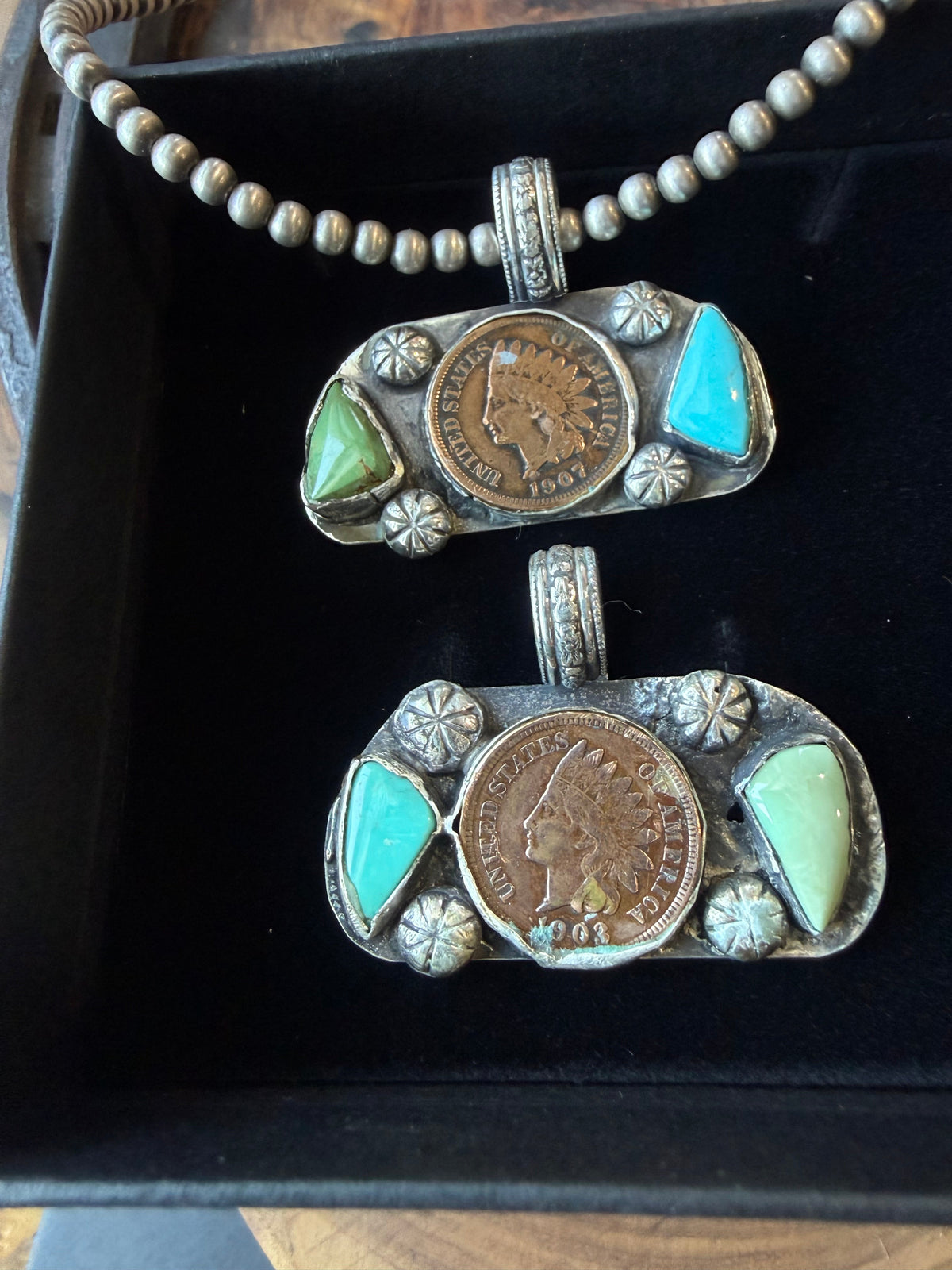 1903 & 1907 Wheat Penny Turquoise Pendant by Bootleg Silver Co, handmade in Arizona