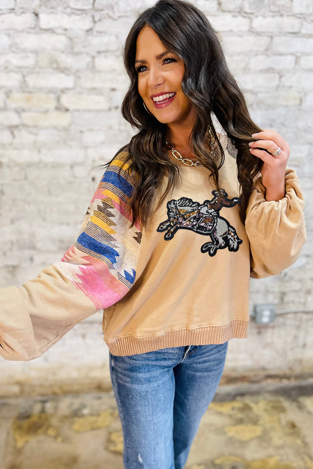 Beige Rodeo Sequins Patch Graphic Fashion Sweatshirt
