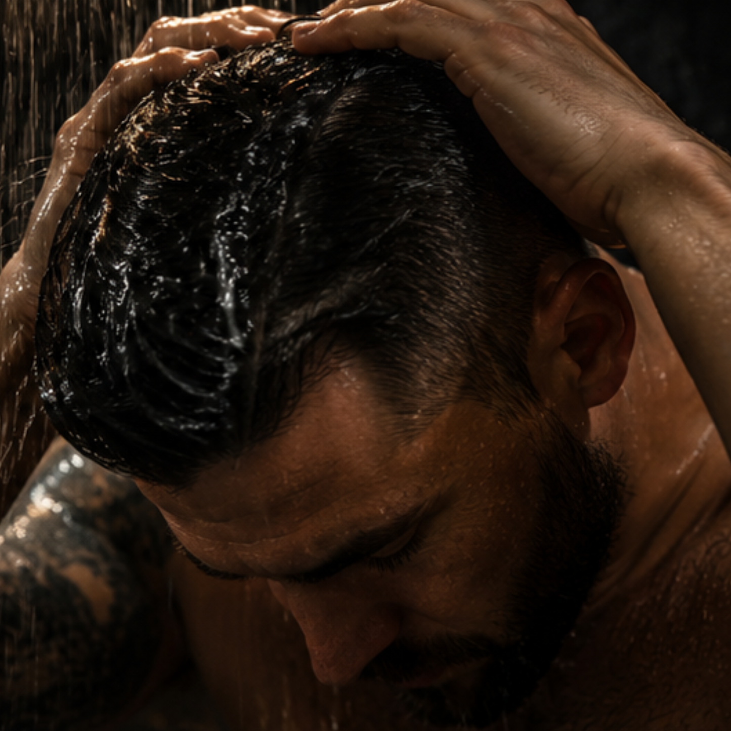 Person washing their hair with water, close-up of head and hands.
