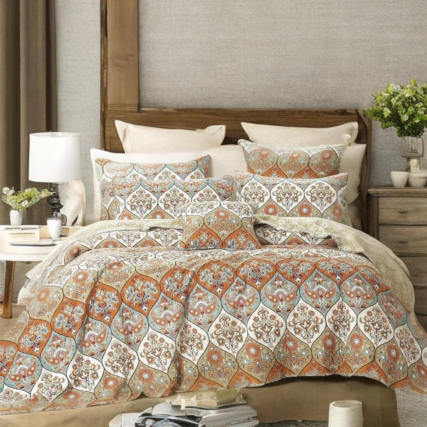Garden Coral Paisley Quilted Bedspread Set