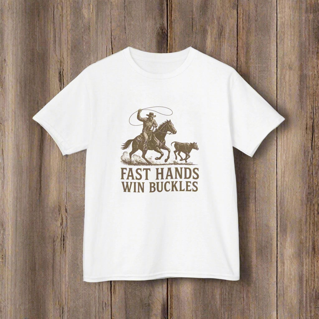 White t-shirt with a graphic of a cowboy on a horse and text 'Fast Hands Win Buckles' on a white background