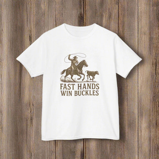 White t-shirt with a graphic of a cowboy on a horse and text 'Fast Hands Win Buckles' on a white background