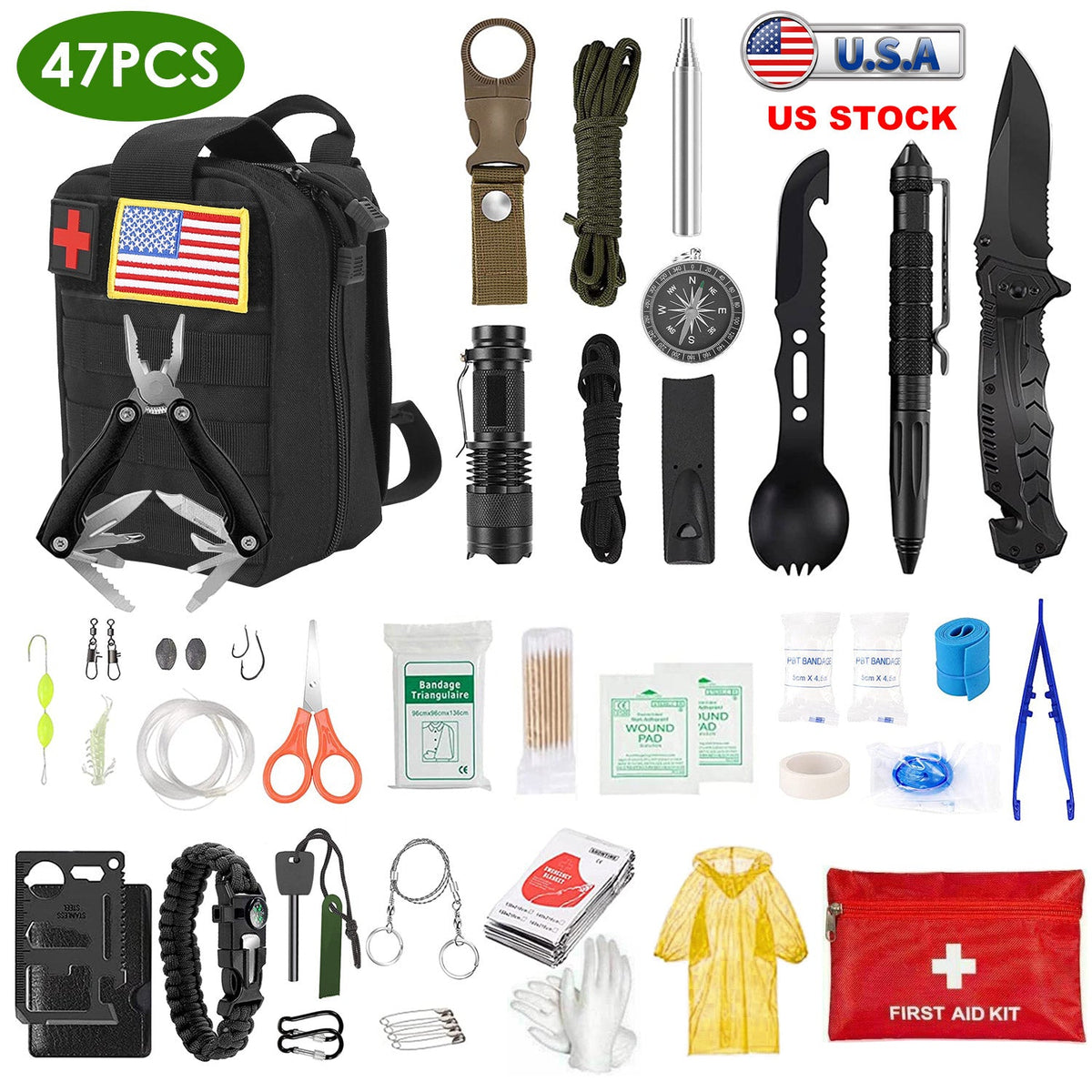 47-Piece Emergency Survival Kit with First Aid & Outdoor Gear