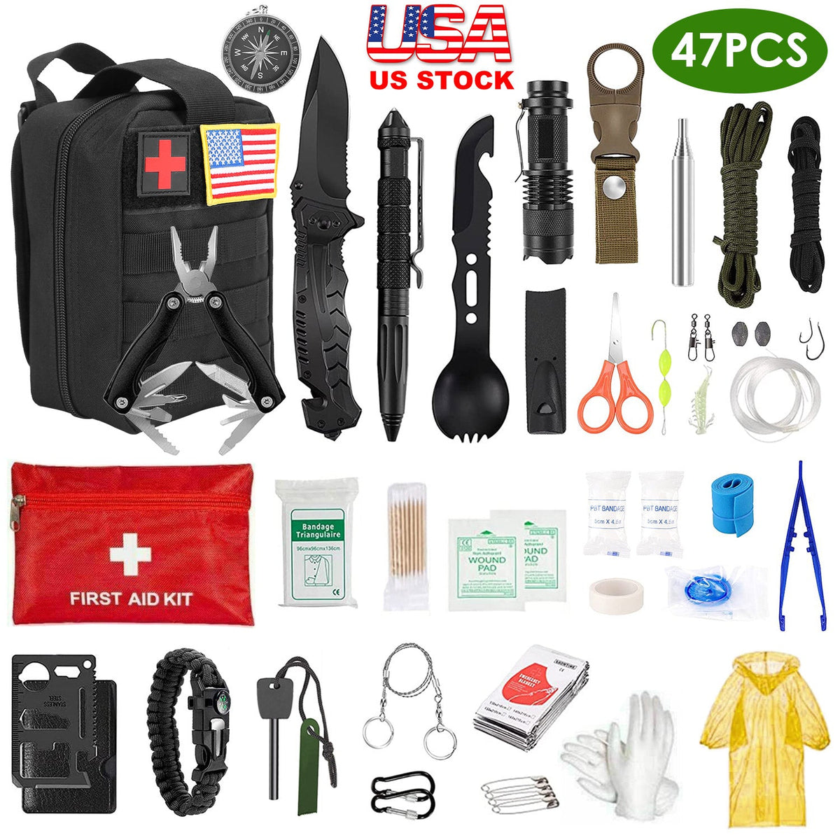 47-Piece Emergency Survival Kit with First Aid & Outdoor Gear