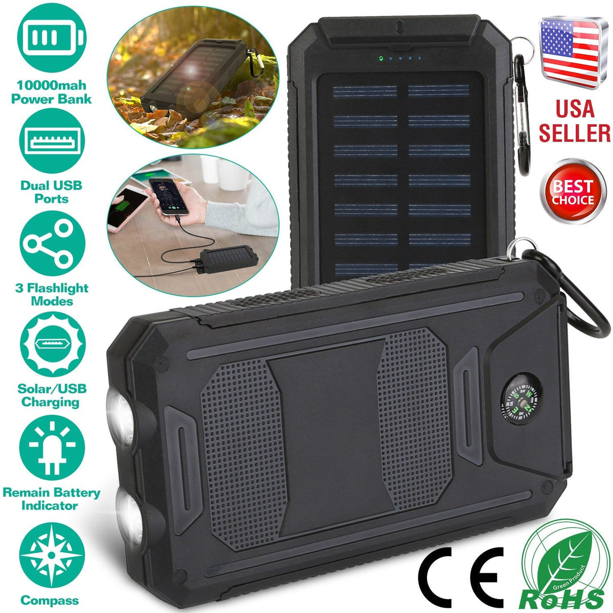 10000mAh Solar Power Bank – Dual USB Outdoor Portable Charger