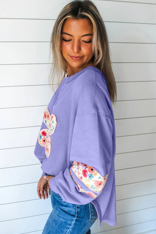 Wisteria Flower Applique Patchwork Drop Sleeve Pullover Sweatshirt