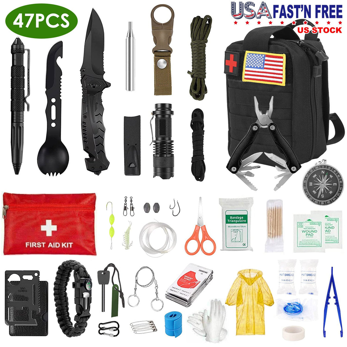 47-Piece Emergency Survival Kit with First Aid & Outdoor Gear