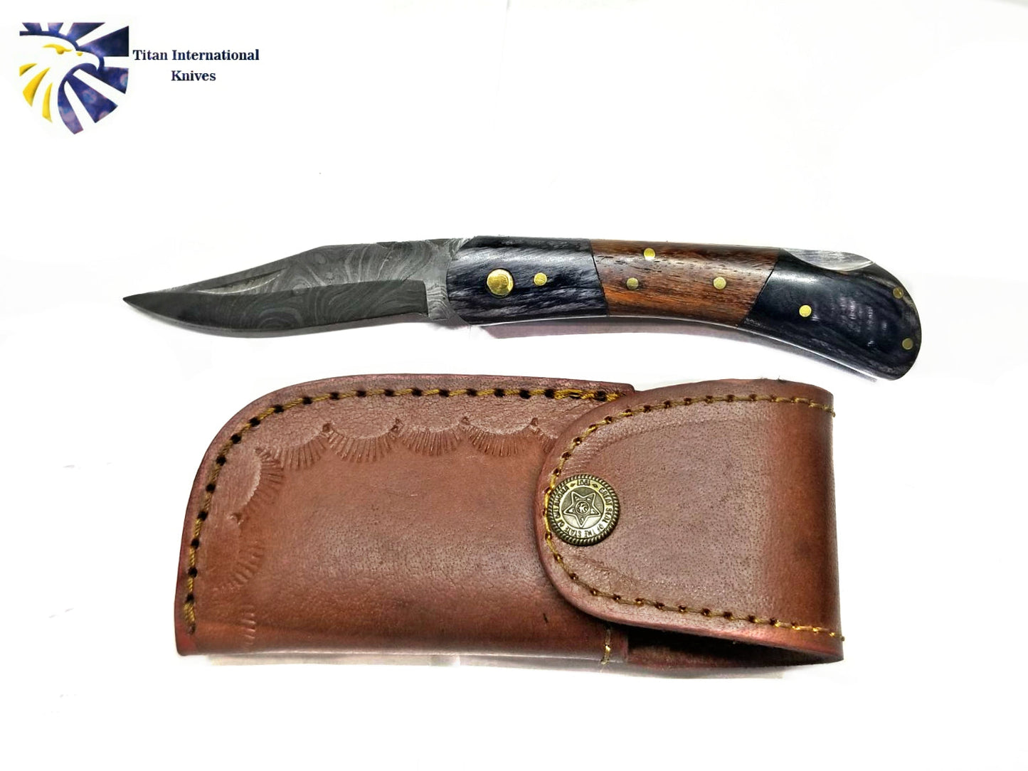 1095 Damascus Steel with Pekka & Walnut Wood Pocket Knife & Sheath TF-009