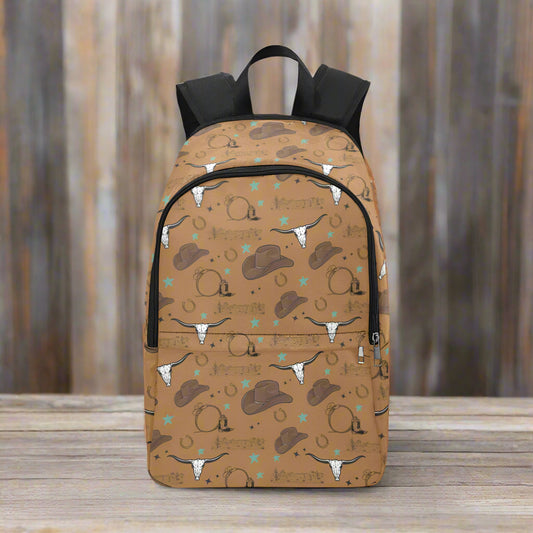 Backpack with cowboy hat and longhorn bull pattern on a beige background