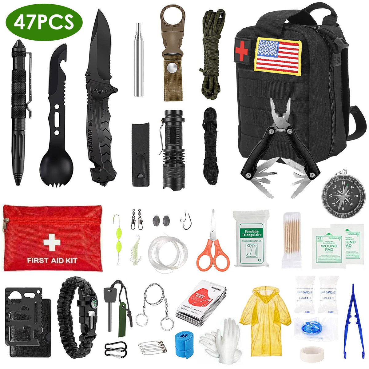 47-Piece Emergency Survival Kit with First Aid & Outdoor Gear