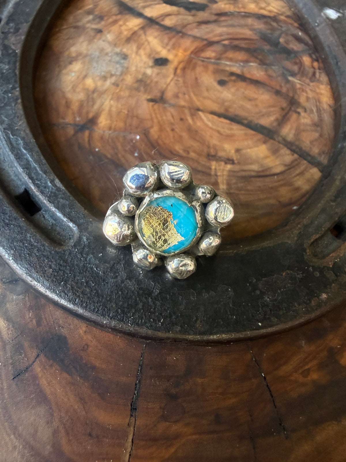 American Turquoise & Gold Leaf Cocktail Ring by Bootleg Silver Co, handmade in Arizona